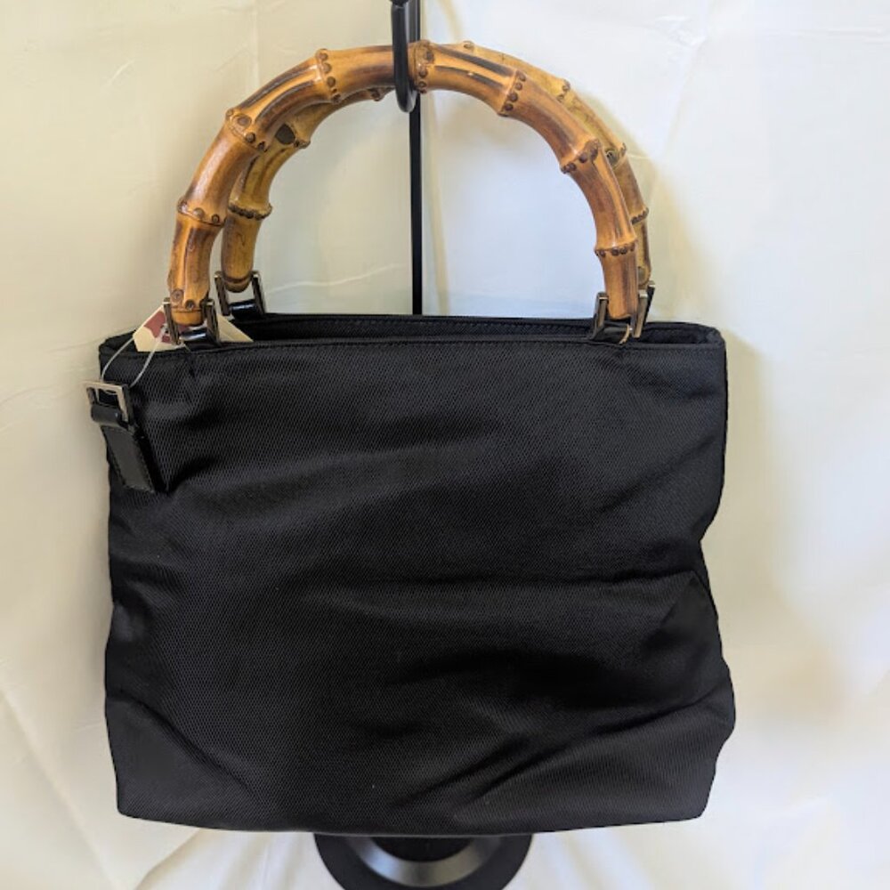 Gucci Black Bamboo Handle Nylon Handbag